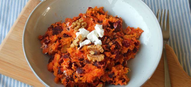 Zoete aardappelstamppot met rode biet